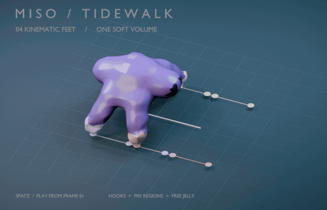 Soft creature crawling on four pinned feet