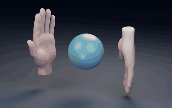 Two rigged hands squeezing a sticky soft ball